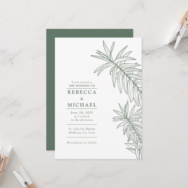 Forest Green Elegant Minimalist Botanical  Invitation (Front/Back In Situ)