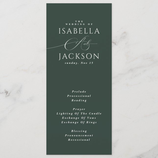 Forest Green Elegant Modern Calligraphy Wedding  Programme (Front)