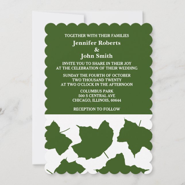 Forest Green Fall Leaf White SCallopped Edge 2024 Invitation (Front)