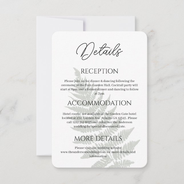 Forest Green Ferns Wedding Details Enclosure Card (Front)
