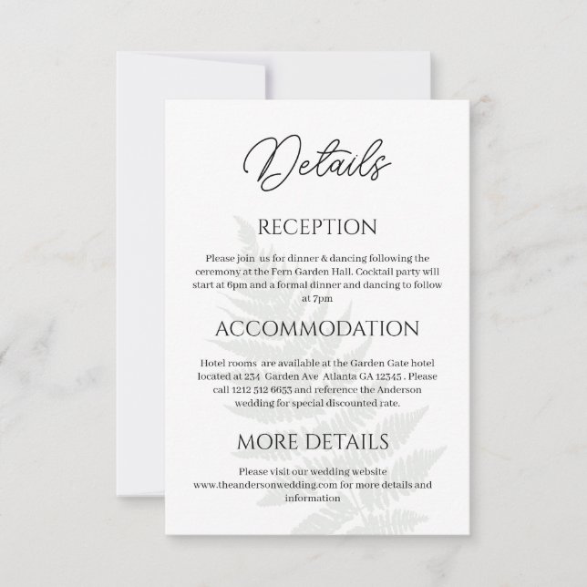 Forest Green Ferns Wedding Details Enclosure Card (Front)