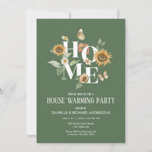Forest Green Floral Flowers House Warming Party Invitation