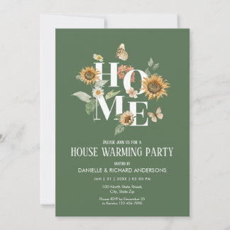 Forest Green Floral Flowers House Warming Party Invitation