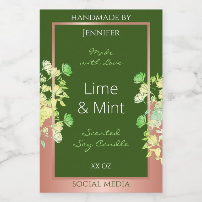 Forest Green Floral Product Labels with Rose Gold (Single Label)