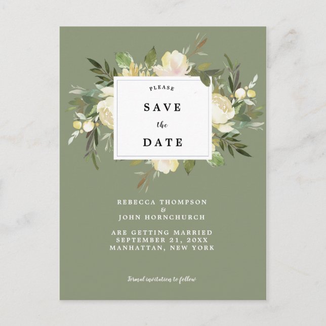 forest green floral wedding save the date card (Front)