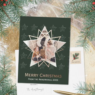 Forest Green Geometric Star Modern Christmas Foil Holiday Postcard