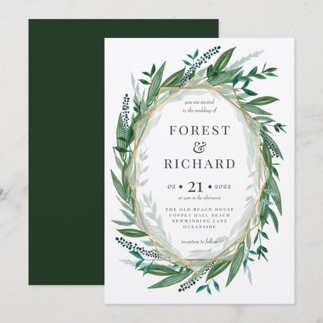 Forest Green Geometric Vintage Frame Invitation (Front/Back)