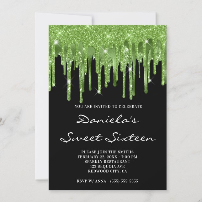 Forest Green Glitter Foil Drips Black Sweet 16 Invitation (Front)