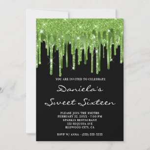 Forest Green Glitter Foil Drips Black Sweet 16 Invitation