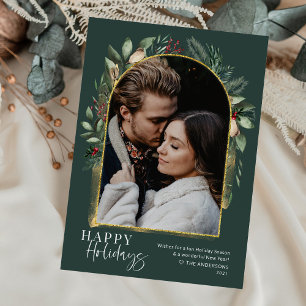 Forest Green Gold Arch w/ Modern Script Photo Holiday Card