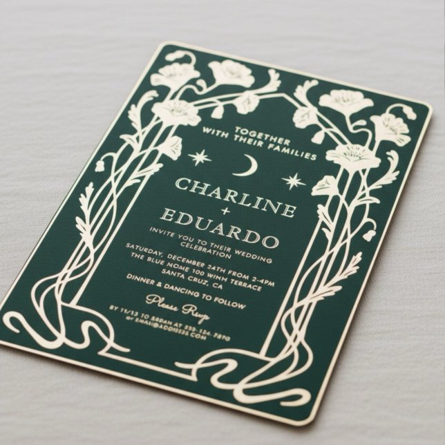 Forest Green & Gold Art Nouveau Wedding Invitation (Creator Uploaded)