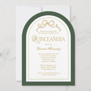 Forest Green Gold Bow 15th Quinceanera Birthday Invitation