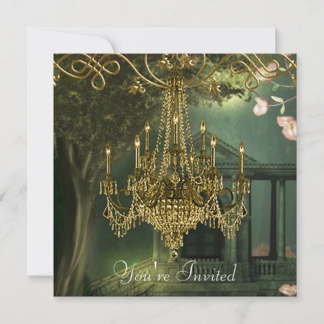 Forest Green Gold Chandelier Party Invitations (Front)