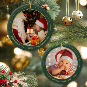Forest Green Gold Family First Christmas Photo Ceramic Tree Decoration