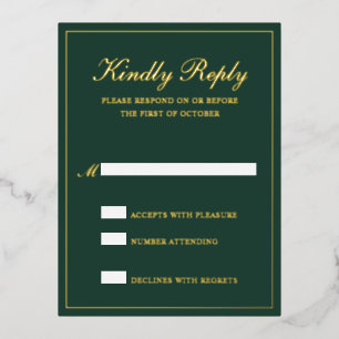 Forest Green Gold Foil Formal Wedding RSVP Card