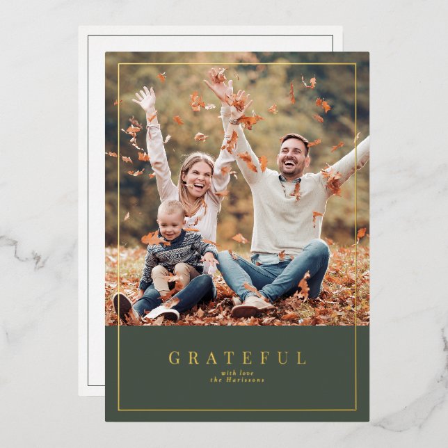Forest green gold foil Thanksgiving family photo c Holiday Card (Front/Back)