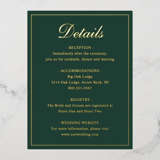 Forest Green Gold Foil Wedding Enclosure Card (Front)