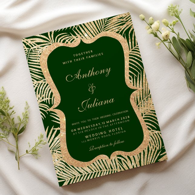 Forest green gold glitter palm tree leaf Wedding  Invitation (Forest green gold glitter palm tree leaf Wedding )