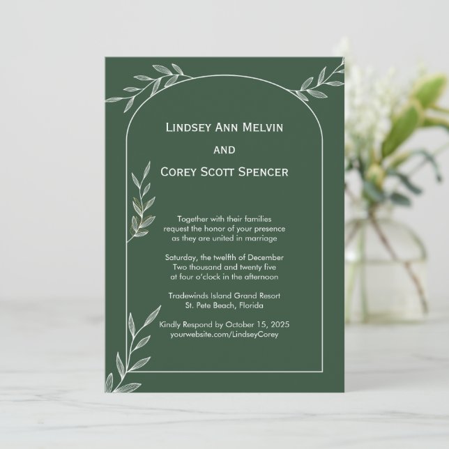 Forest Green Gold Leaf Wedding Invitation (Standing Front)