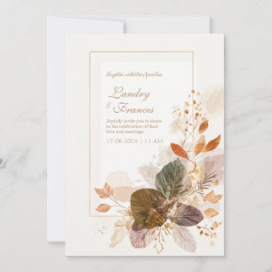 Forest Green Gold Line Autumnal Leaf Wedding Invitation