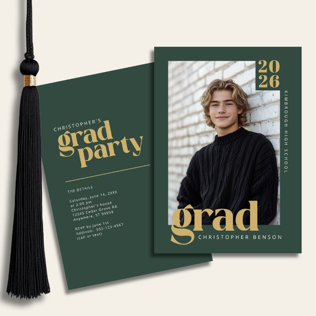Forest Green Gold Modern Photo Graduation Party Invitation (Creator Uploaded)