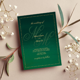 Forest green gold monogram initials Wedding Invitation