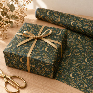Forest Green Gold Moon Moth Botanical Wrapping Paper