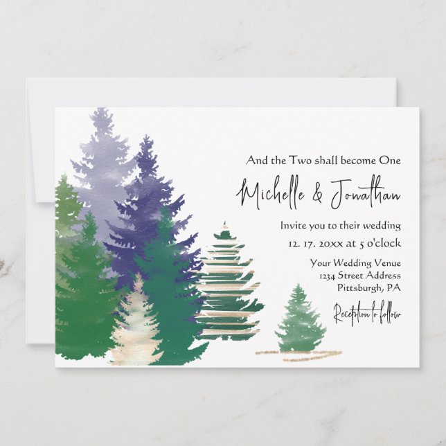 Forest Green Gold Pine Trees Christian Wedding Invitation (Front)