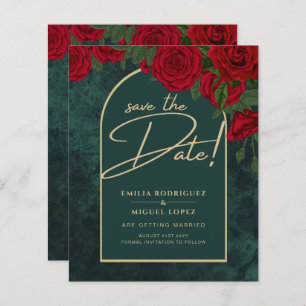 Forest Green Gold RED Roses Winter SAVE THE DATE