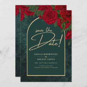 Forest Green Gold RED Roses Winter SAVE THE DATE Invitation