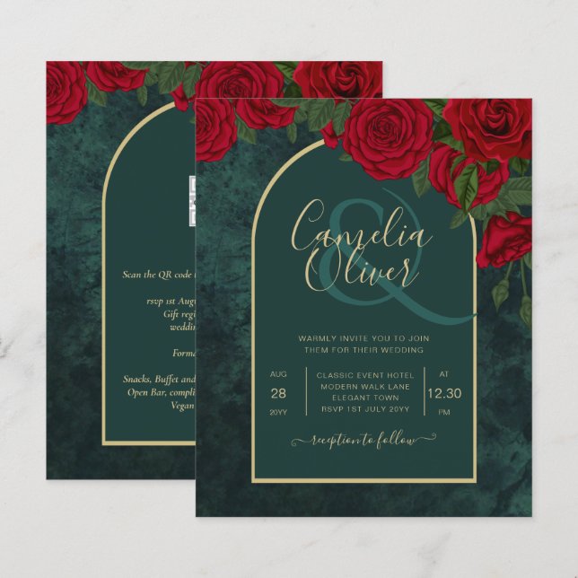 Forest Green Gold RED Roses Winter Wedding (Front/Back)
