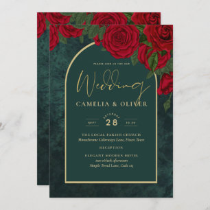 Forest Green Gold RED Roses Winter Wedding Invitation