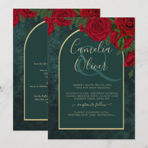 Forest Green Gold RED Roses Winter Wedding Invitation