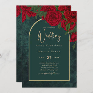 Forest Green Gold RED Roses Winter Wedding Invitation