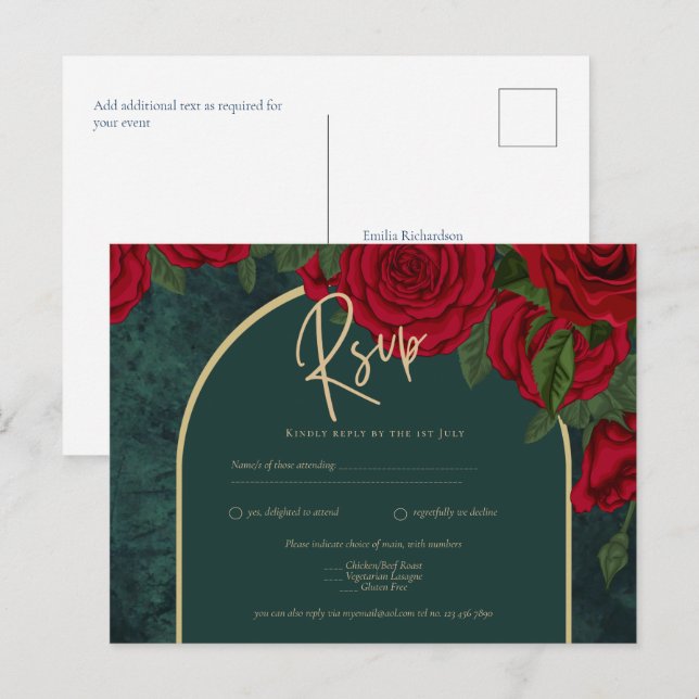 Forest Green Gold RED Roses Winter Wedding Postcard (Front/Back)