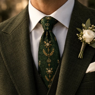 Forest Green Gold Rose Wedding Ring Motif Tie