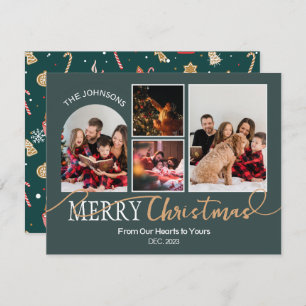 Forest Green Gold Script Christmas Modern Collage Holiday Card