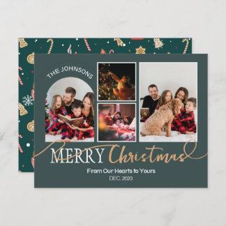Forest Green Gold Script Christmas Modern Collage Holiday Card