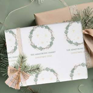 Forest Green Gold Stars Christmas Family Name Wrapping Paper