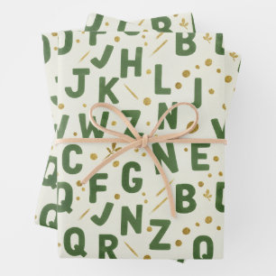Forest Green & Gold Watercolor Alphabet Wrapping Paper Sheet