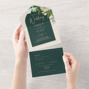Forest Green Gold White Roses Winter Wedding All In One Invitation