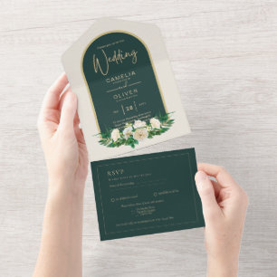 Forest Green Gold White Roses Winter Wedding All In One Invitation