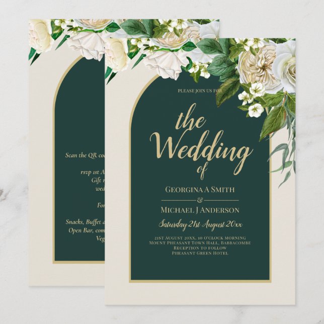 Forest Green Gold White Roses Winter Wedding Invitation (Front/Back)