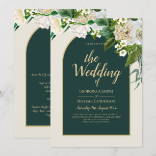 Forest Green Gold White Roses Winter Wedding Invitation