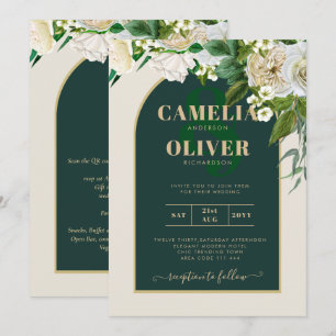 Forest Green Gold White Roses Winter Wedding Invitation