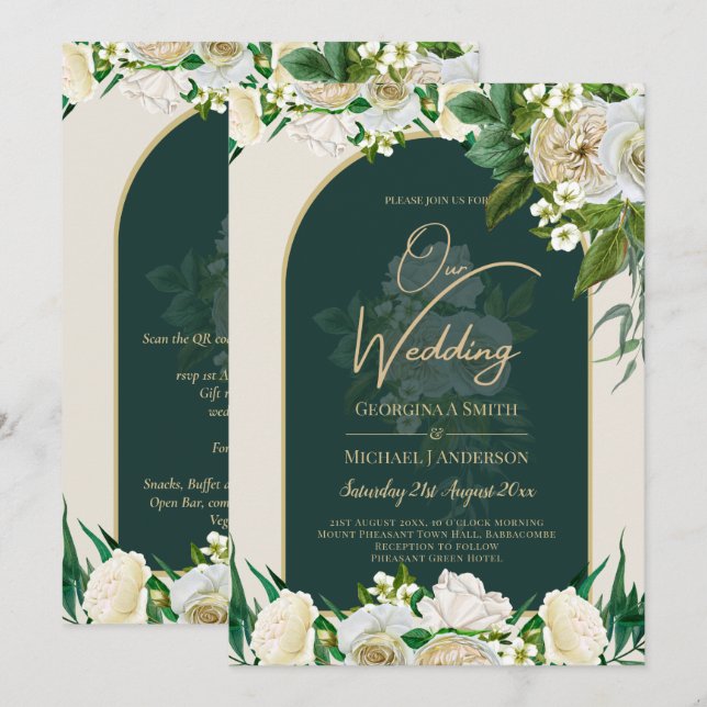 Forest Green Gold White Roses Winter Wedding Invitation (Front/Back)