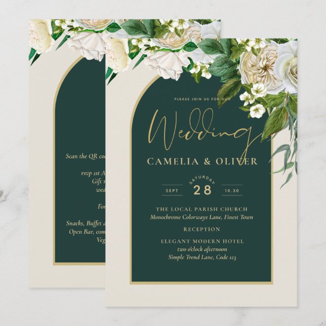 Forest Green Gold White Roses Winter Wedding Invitation (Front/Back)