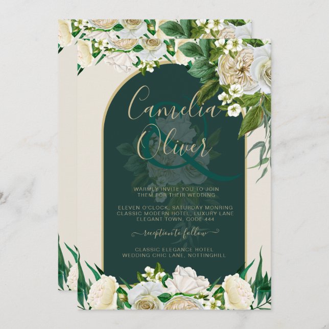 Forest Green Gold White Roses Winter Wedding Invitation (Front/Back)