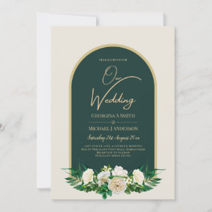 Forest Green Gold White Roses Winter Wedding Invitation
