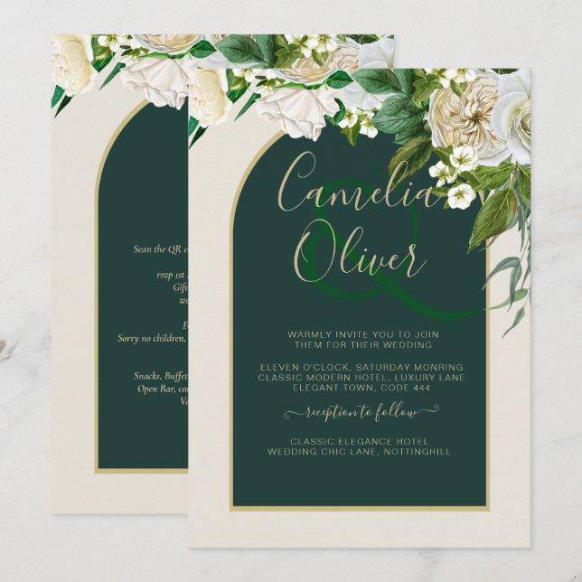 Forest Green Gold White Roses Winter Wedding Invitation (Front/Back)